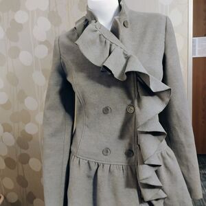 Sisley Gray Pea Coat with Ruffle Detail